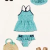 Pepa London Adelaide Floral Bow Detail Two Piece Swimsuit in Green (2-10yrs) | Adelaide Floral Beach Hat in Green (S-M) | Open Toe Leather Sandals in Brown (17-30EU) | Adelaide Floral Detail Raffia Bag in Green