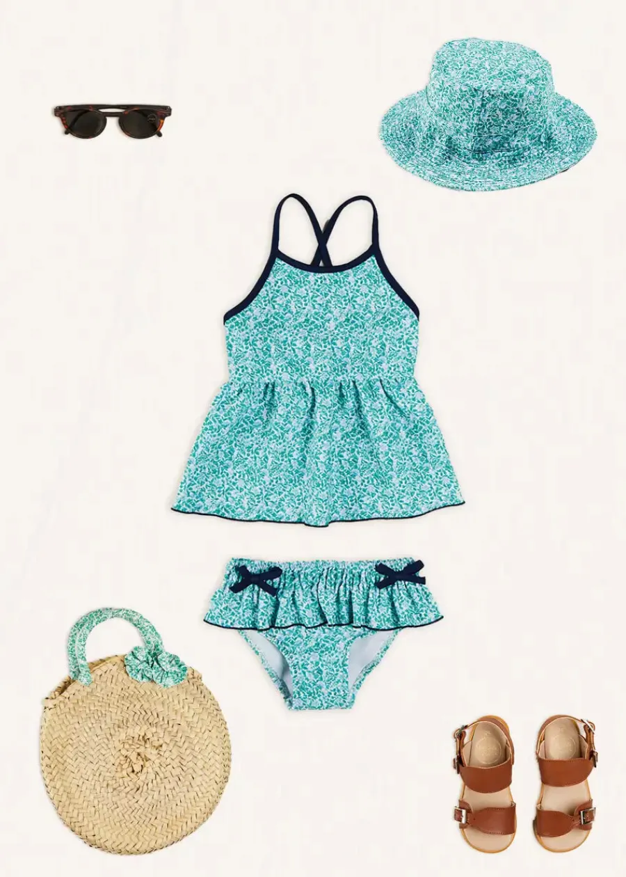 Pepa London Adelaide Floral Bow Detail Two Piece Swimsuit in Green (2-10yrs) | Adelaide Floral Beach Hat in Green (S-M) | Open Toe Leather Sandals in Brown (17-30EU) | Adelaide Floral Detail Raffia Bag in Green