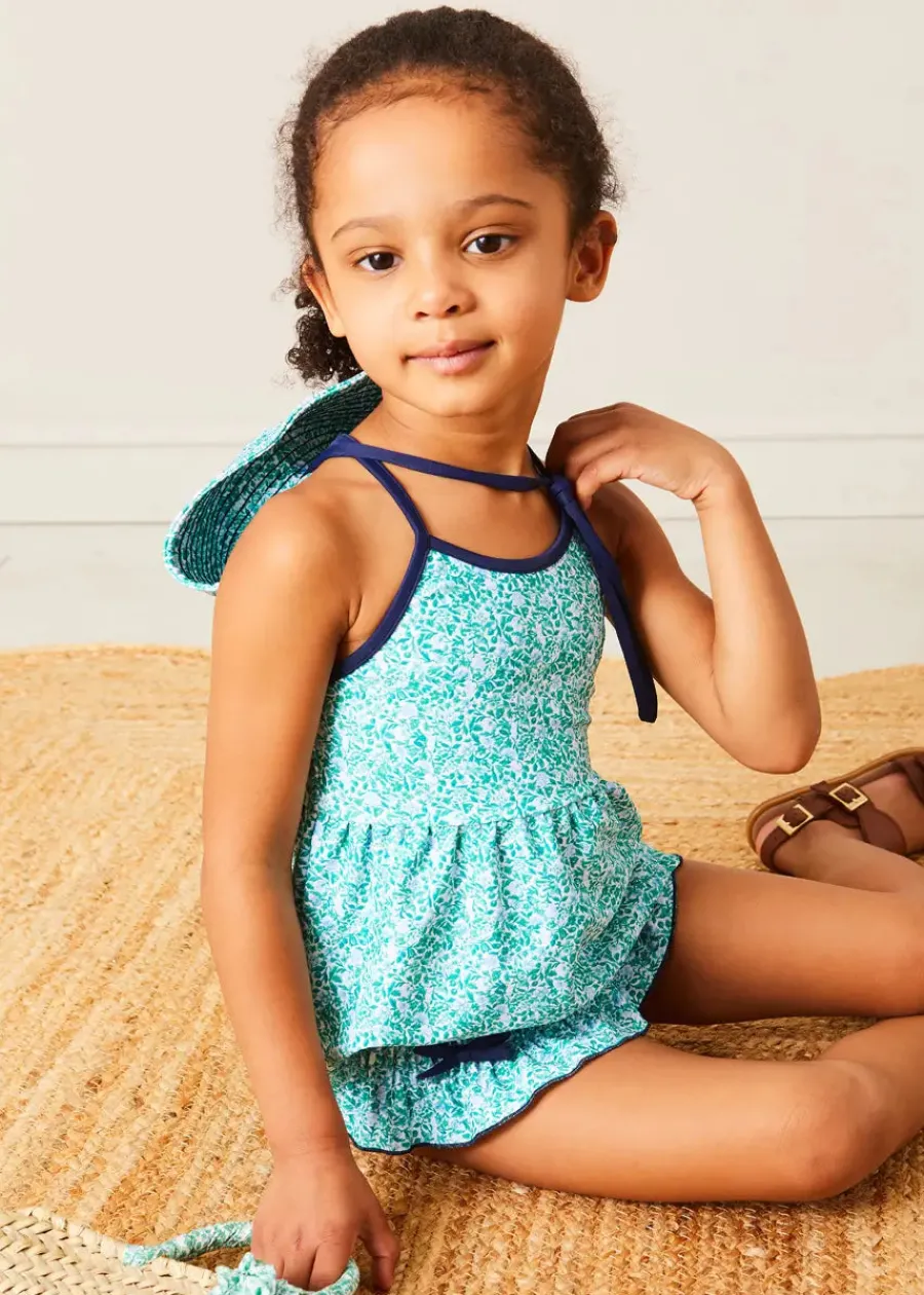 Pepa London Adelaide Floral Bow Detail Two Piece Swimsuit in Green (2-10yrs) | Adelaide Floral Beach Hat in Green (S-M) | Adelaide Floral Detail Raffia Bag in Green | Leather Buckle Detail Sandals in Camel (24-34EU)