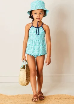 Pepa London Adelaide Floral Bow Detail Two Piece Swimsuit in Green (2-10yrs) | Adelaide Floral Beach Hat in Green (S-M) | Adelaide Floral Detail Raffia Bag in Green | Leather Buckle Detail Sandals in Camel (24-34EU)