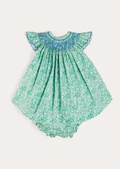 Pepa London Adelaide Floral Hand Smocked Sleeveless Dress With Bloomers in Green (3mths-3yrs)