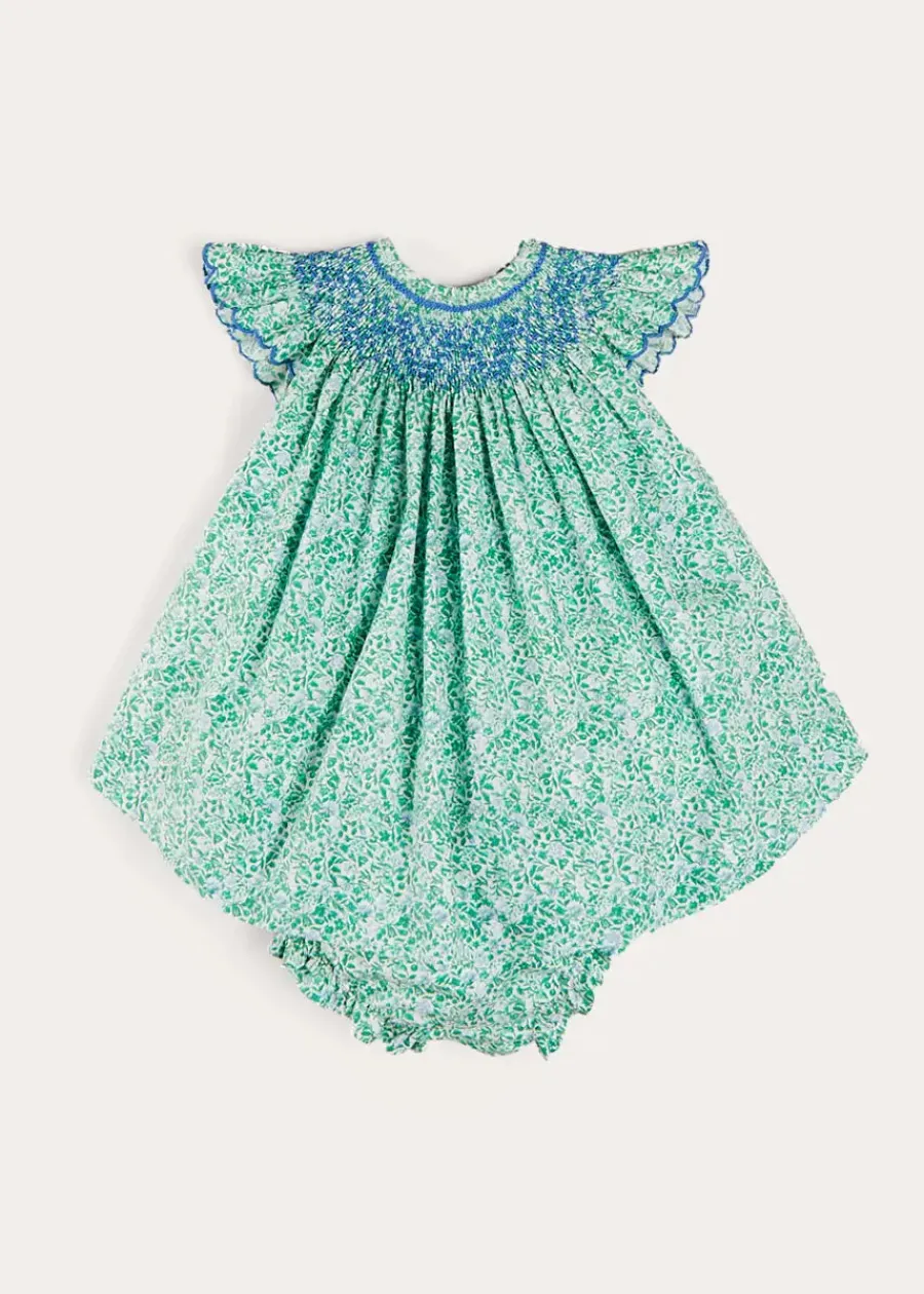 Pepa London Adelaide Floral Hand Smocked Sleeveless Dress With Bloomers in Green (3mths-3yrs)