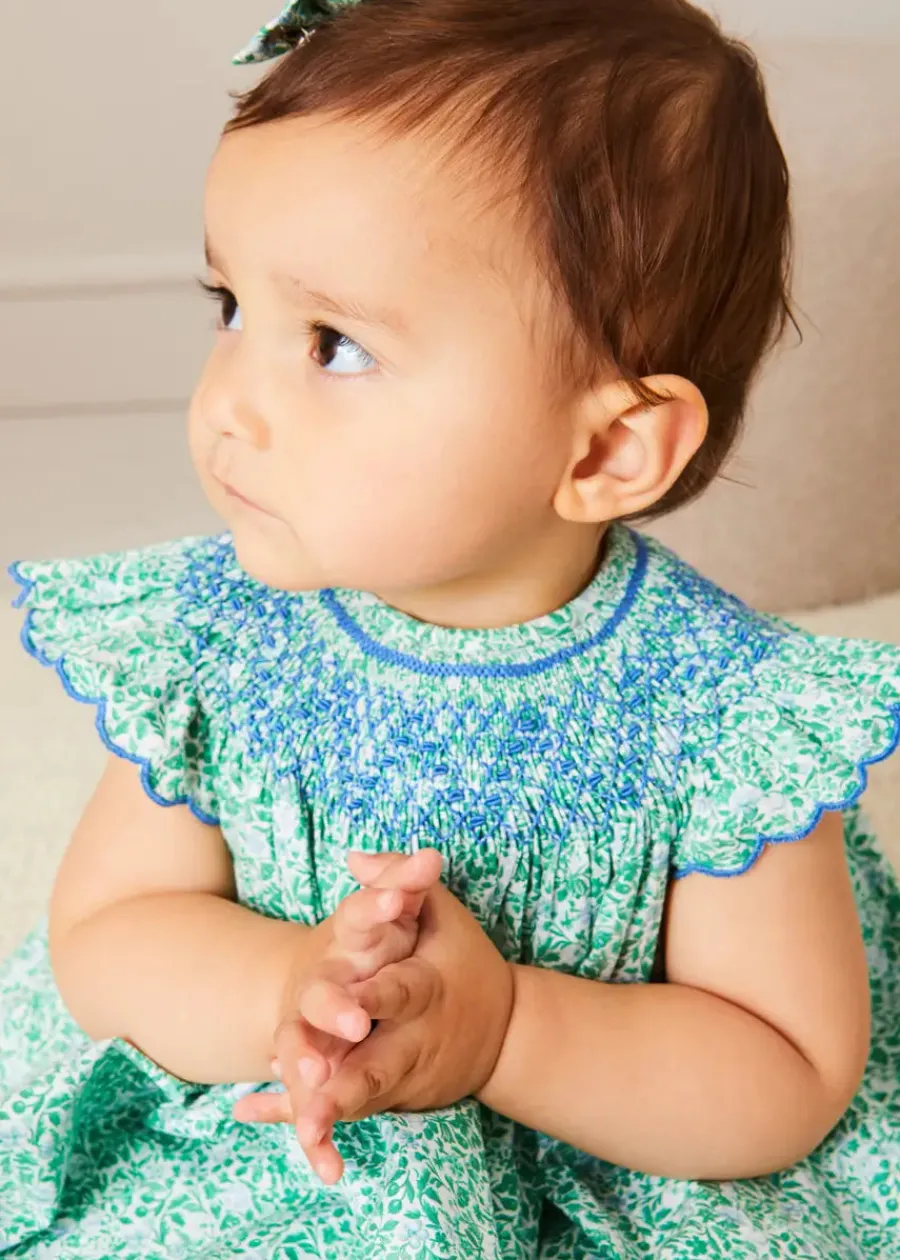 Pepa London Adelaide Floral Hand Smocked Sleeveless Dress With Bloomers in Green (3mths-3yrs)