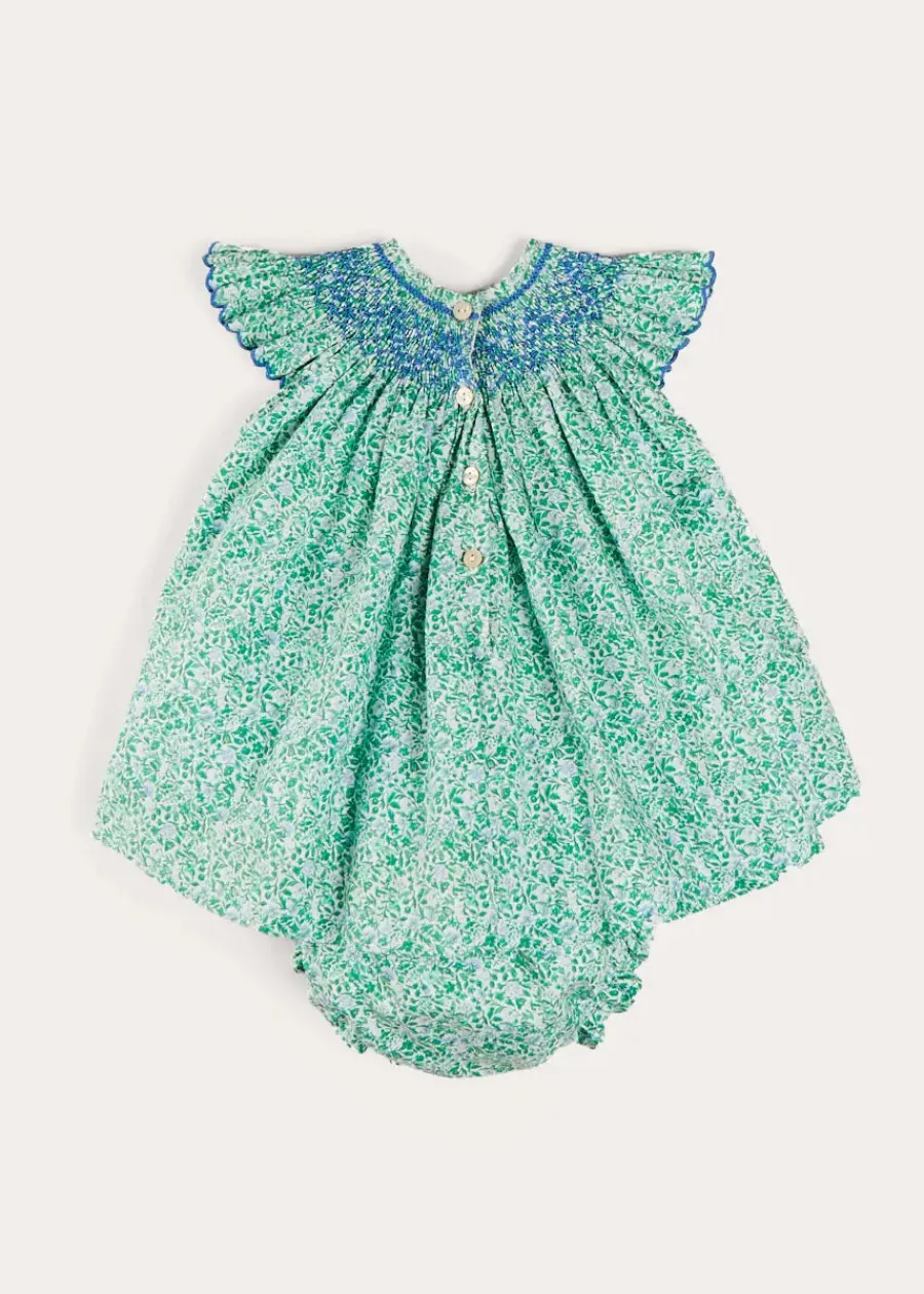 Pepa London Adelaide Floral Hand Smocked Sleeveless Dress With Bloomers in Green (3mths-3yrs)