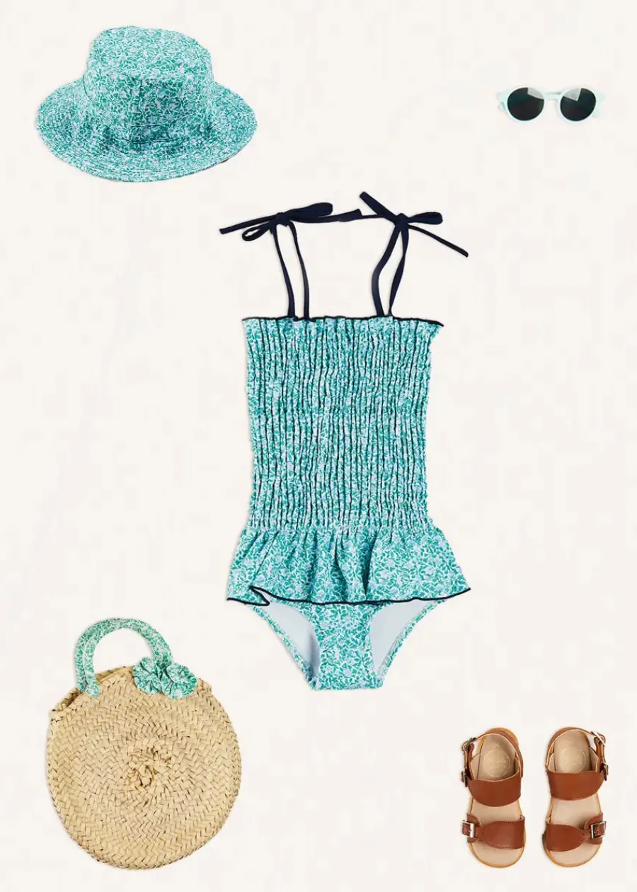 Pepa London Adelaide Floral Smock Detail Swimsuit in Green (2-10yrs) | Adelaide Floral Beach Hat in Green (S-M) | Adelaide Floral Detail Raffia Bag in Green | Leather Buckle Detail Sandals in Camel (24-34EU)
