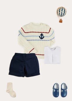 BOY Pepa London Anchor Motif Cable Detail Jumper in Beige (2-10yrs) | Button Detail Cotton Top in White (2-6yrs) | Classic Turn-up Hem Cotton Shorts in Navy (12mths-4yrs) | T-Bar Baby Shoes in Blue (20-26EU) | Cotton Short Socks Cream (0mths-10yrs)