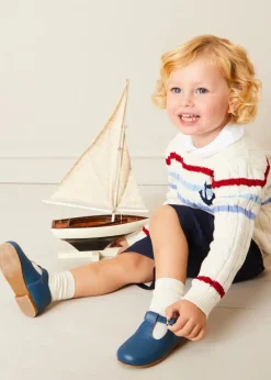BOY Pepa London Anchor Motif Cable Detail Jumper in Beige (2-10yrs) | Button Detail Cotton Top in White (2-6yrs) | Classic Turn-up Hem Cotton Shorts in Navy (12mths-4yrs) | T-Bar Baby Shoes in Blue (20-26EU) | Cotton Short Socks Cream (0mths-10yrs)