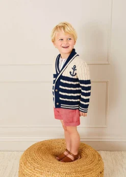 BOY Pepa London Anchor Motif Striped Cable Knit Cardigan in Navy (2-10yrs)