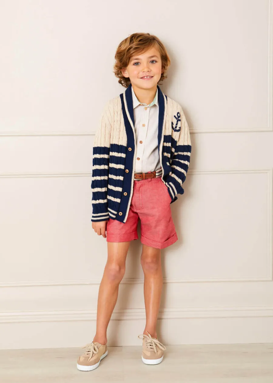 BOY Pepa London Anchor Motif Striped Cable Knit Cardigan in Navy (2-10yrs)