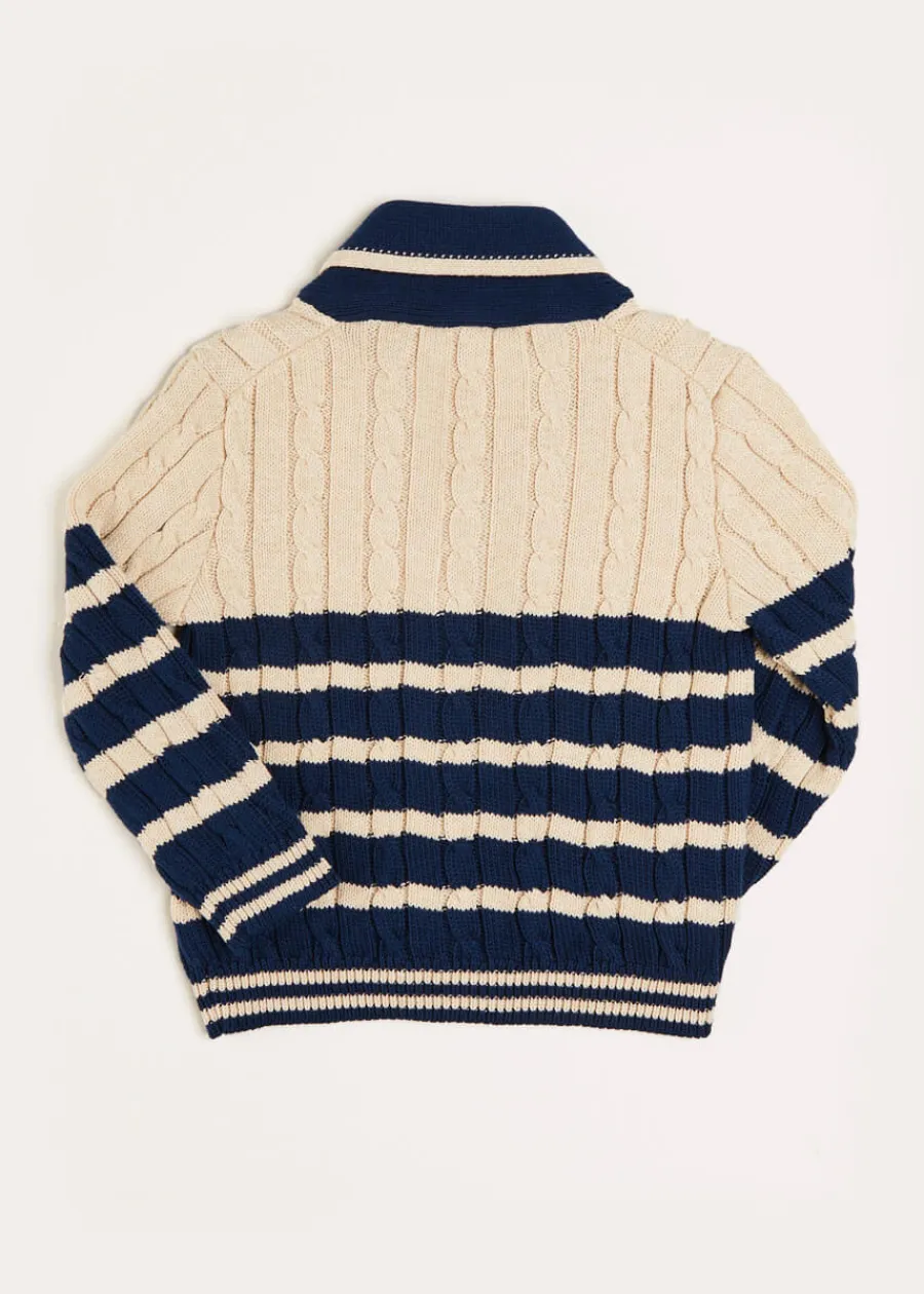 BOY Pepa London Anchor Motif Striped Cable Knit Cardigan in Navy (2-10yrs)