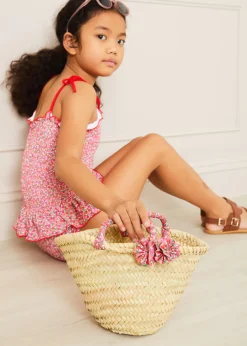 BOY Pepa London Annie Floral Print Bow Detail Straw Bag in Pink (S-M)