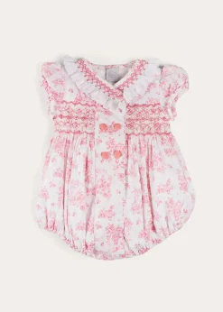Pepa London Audrey Hand Smocked Double Breasted Short Sleeve Romper in Pink (6mths-2yrs)