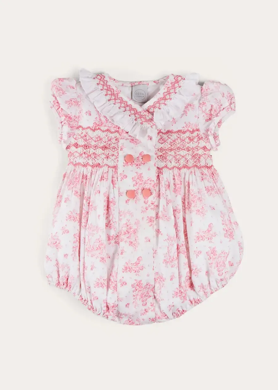 Pepa London Audrey Hand Smocked Double Breasted Short Sleeve Romper in Pink (6mths-2yrs)