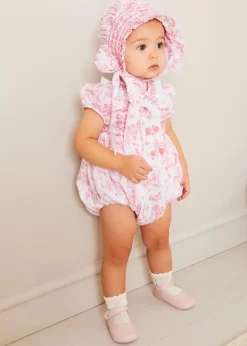 Pepa London Audrey Hand Smocked Double Breasted Short Sleeve Romper in Pink (6mths-2yrs)