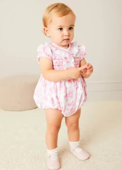 Pepa London Audrey Hand Smocked Double Breasted Short Sleeve Romper in Pink (6mths-2yrs)