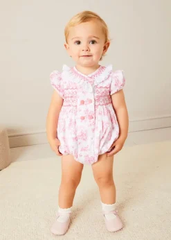 Pepa London Audrey Hand Smocked Double Breasted Short Sleeve Romper in Pink (6mths-2yrs)