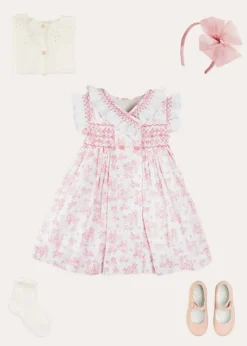 Pepa London Audrey Toile Hand Smocked Double Breasted Sleeveless Dress in Pink (12mths-10yrs) | Peter Pan Collar Swing Coat in Pink (18mths-10yrs) | Openwork Cotton Cardigan in Cream (6mths-10yrs) | Leather Mary Jane Shoes in Pink (24-34EU) | Traditional Big Bow Tulle Hairband in Dusty Pink | Openwork short socks White (0mths-8yrs)