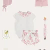 Pepa London Audrey Toile Scallop Collar Short Sleeve Bodysuit in Pink (1mth-2yrs) | Audrey Toile Bow Detail Bloomers in Pink (1mth-2yrs) | Openwork Cotton Cardigan in Pink (6mths-10yrs) | Openwork Cotton Knitted Bonnet in Pink (S-L) | Mary Jane Pram Shoes in Pink (17-20EU) | Audrey Toile Dummy Clip in Pink | Openwork short socks White (0mths-8yrs) | BIBS Dummy in Pink
