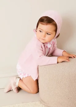 Pepa London Audrey Toile Scallop Collar Short Sleeve Bodysuit in Pink (1mth-2yrs) | Audrey Toile Bow Detail Bloomers in Pink (1mth-2yrs) | Openwork Cotton Cardigan in Pink (6mths-10yrs) | Openwork Cotton Knitted Bonnet in Pink (S-L) | Mary Jane Pram Shoes in Pink (17-20EU) | Audrey Toile Dummy Clip in Pink | Openwork short socks White (0mths-8yrs) | BIBS Dummy in Pink