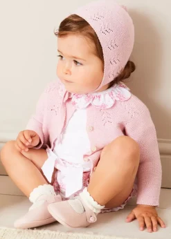 Pepa London Audrey Toile Scallop Collar Short Sleeve Bodysuit in Pink (1mth-2yrs) | Audrey Toile Bow Detail Bloomers in Pink (1mth-2yrs) | Openwork Cotton Cardigan in Pink (6mths-10yrs) | Openwork Cotton Knitted Bonnet in Pink (S-L) | Mary Jane Pram Shoes in Pink (17-20EU) | Audrey Toile Dummy Clip in Pink | Openwork short socks White (0mths-8yrs) | BIBS Dummy in Pink