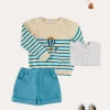 BOY Pepa London Balloon Intarsia Striped Jumper in Beige (12mths-6yrs) | Stafford Striped Mao Collar Long Sleeve Shirt in Yellow (12mths-10yrs) | Plain Elasticated Shorts in Blue (12mths-4yrs) | Canvas Plimsolls in Blue (20-35EU)