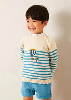 BOY Pepa London Balloon Intarsia Striped Jumper in Beige (12mths-6yrs) | Stafford Striped Mao Collar Long Sleeve Shirt in Yellow (12mths-10yrs) | Plain Elasticated Shorts in Blue (12mths-4yrs) | Canvas Plimsolls in Blue (20-35EU)