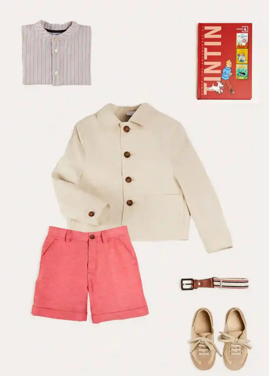 BOY Pepa London Beaufort Striped Mao Collar Long Sleeve Shirt in Blue (18mths-10yrs) | Plain Linen Shorts in Red (4-10yrs) | Lace Up Plimsolls in Taupe (24-35EU) | Beige Striped Belt | Tintin Book Set in Red