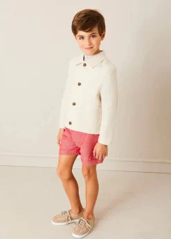 BOY Pepa London Beaufort Striped Mao Collar Long Sleeve Shirt in Blue (18mths-10yrs) | Plain Linen Shorts in Red (4-10yrs) | Lace Up Plimsolls in Taupe (24-35EU) | Beige Striped Belt | Tintin Book Set in Red