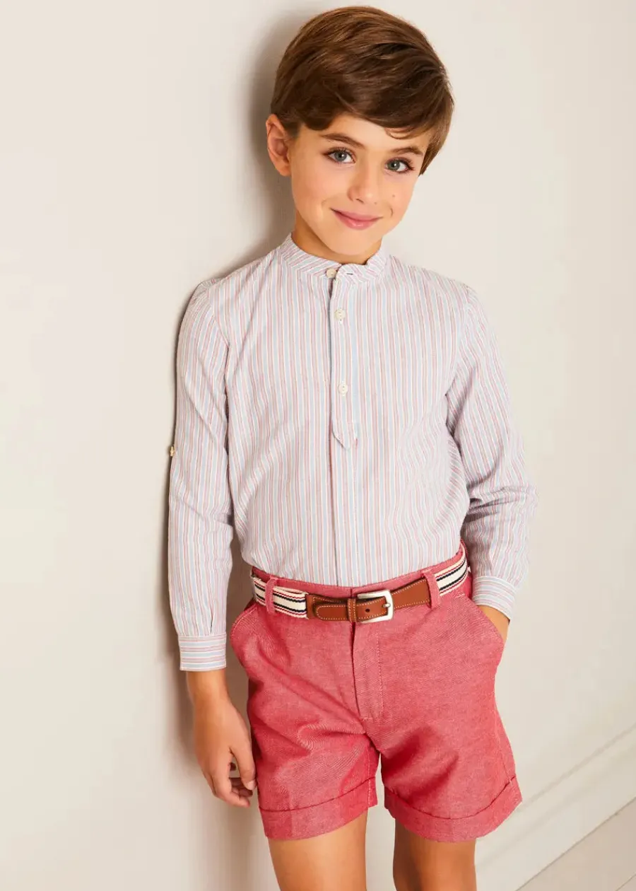 BOY Pepa London Beaufort Striped Mao Collar Long Sleeve Shirt in Blue (18mths-10yrs) | Plain Linen Shorts in Red (4-10yrs) | Lace Up Plimsolls in Taupe (24-35EU) | Beige Striped Belt | Tintin Book Set in Red