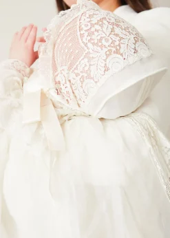 Pepa London Bespoke Organza Silk Christening Gown With Antique Lace and Bonnet