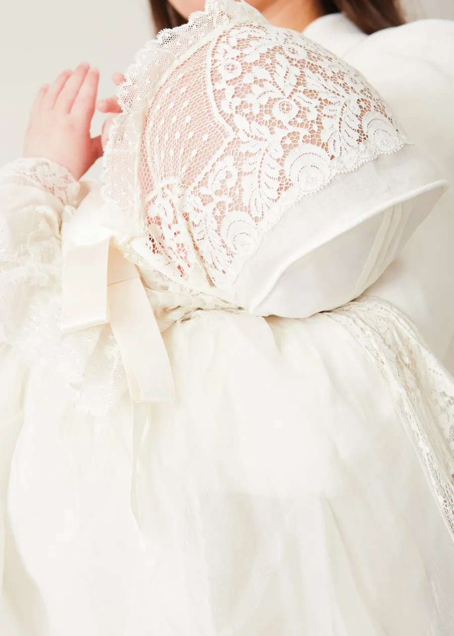 Pepa London Bespoke Organza Silk Christening Gown With Antique Lace and Bonnet