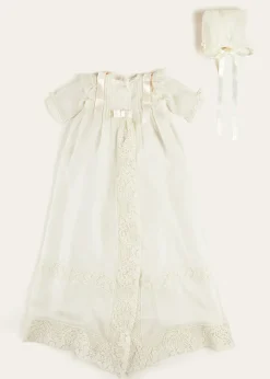 Pepa London Bespoke Organza Silk Christening Gown With Antique Lace and Bonnet
