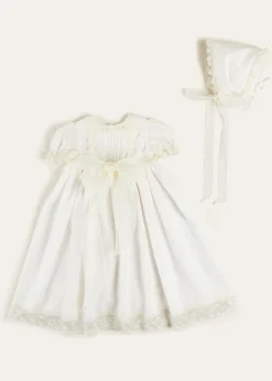 Pepa London Bespoke Plumeti Embroidered Organic Lawn Cotton Christening Dress and Bonnet