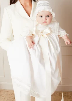 Pepa London Bespoke Traditional Christening Gown with Front Satin Sash and Bonnet