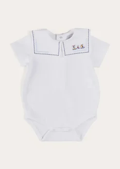Pepa London Boat Embroidery Statement Collar Short Sleeve Bodysuit in White (3mths-2yrs)