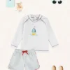 BOY Pepa London Boat Motif Long Sleeve Rashguard in Blue (2-6yrs) | Striped Contrast Trim Swim Shorts in Blue (2-10yrs) | Canvas Plimsolls in White (20-34EU) | Little Brother Beach Mouse Toy