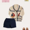 BOY Pepa London Boat Motif Shawl Neck Nautical Cardigan in Beige (2-10yrs) | Lawrence Striped Mao Collar Long Sleeve Shirt in Red (18mths-10yrs) | Classic Turn-up Hem Cotton Shorts in Navy (12mths-4yrs) | Open Toe Leather Sandals in Brown (17-30EU)