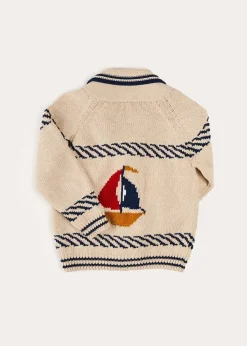 BOY Pepa London Boat Motif Shawl Neck Nautical Cardigan in Beige (2-10yrs)