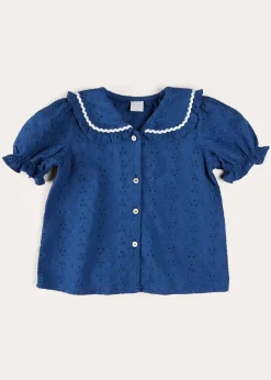 Pepa London Broderie Anglaise Statement Collar Short Sleeve Blouse in Blue (4-12yrs)