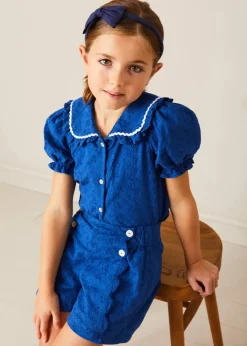 Pepa London Broderie Anglaise Statement Collar Short Sleeve Blouse in Blue (4-12yrs)