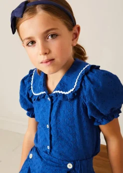 Pepa London Broderie Anglaise Statement Collar Short Sleeve Blouse in Blue (4-12yrs) | Broderie Anglais Button Detail Shorts in Blue (4-12yrs) | Plain Cardigan in Navy (6mths-10yrs) | Openwork short socks White (0mths-8yrs) | Navy Linen Big Bow Hairband