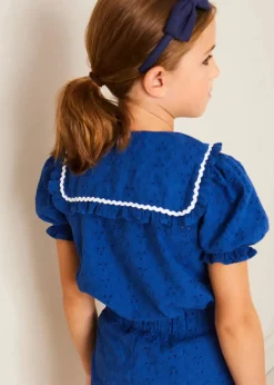 Pepa London Broderie Anglaise Statement Collar Short Sleeve Blouse in Blue (4-12yrs)