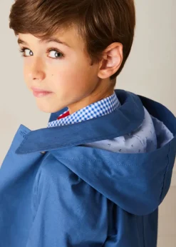 BOY Pepa London Carlisle Gingham Polo Collar Long Sleeve Shirt in Blue (4-10yrs) | Plain Pocket Detail Trousers in White (4-10yrs) | Double Breasted Coat With Detachable Hood in Blue (18mths-10yrs) | Suede Loafers in French Blue (25-34EU) | Beige Striped Belt