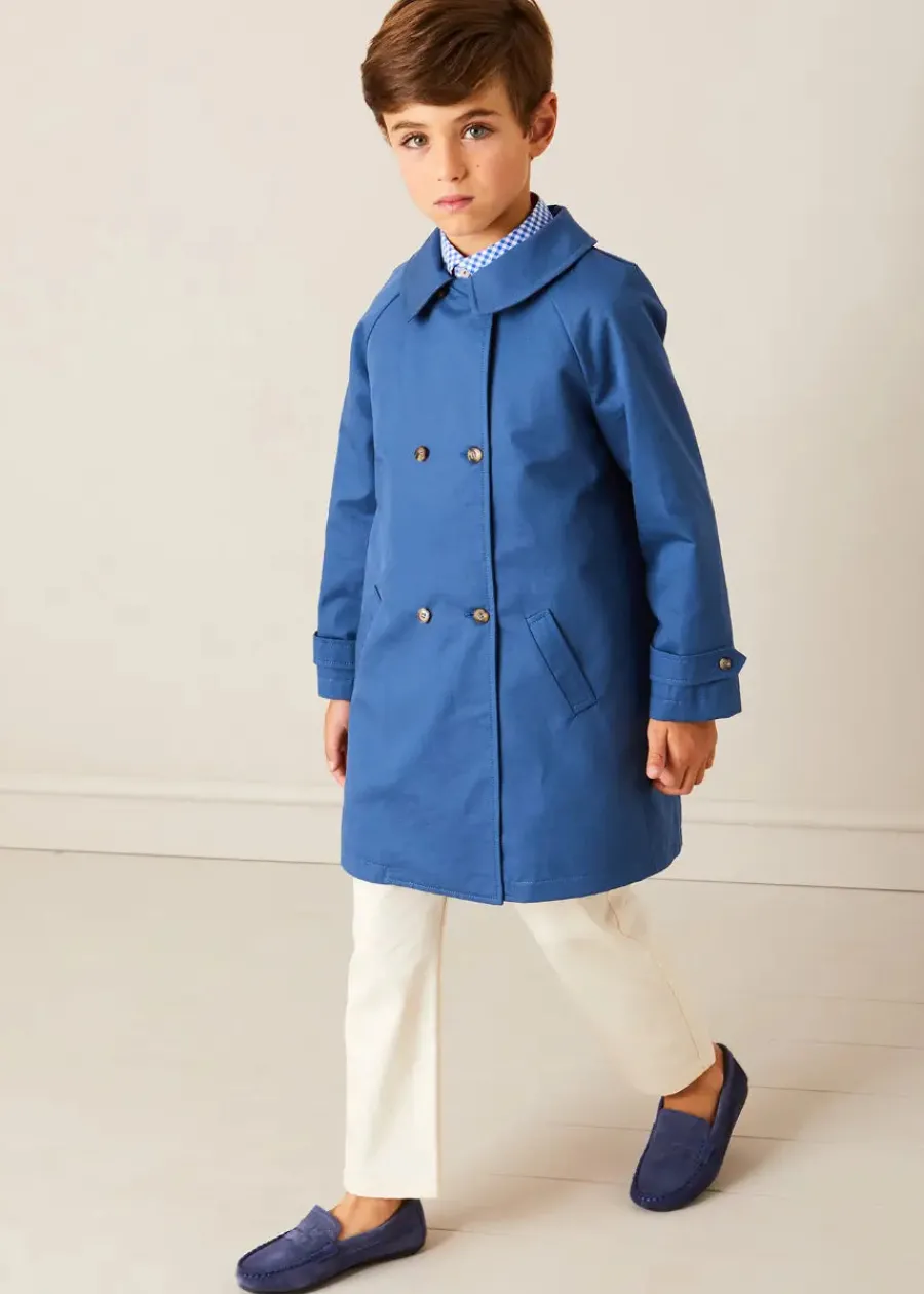 BOY Pepa London Carlisle Gingham Polo Collar Long Sleeve Shirt in Blue (4-10yrs) | Plain Pocket Detail Trousers in White (4-10yrs) | Double Breasted Coat With Detachable Hood in Blue (18mths-10yrs) | Suede Loafers in French Blue (25-34EU) | Beige Striped Belt