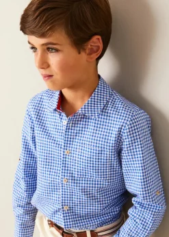 BOY Pepa London Carlisle Gingham Polo Collar Long Sleeve Shirt in Blue (4-10yrs) | Plain Pocket Detail Trousers in White (4-10yrs) | Double Breasted Coat With Detachable Hood in Blue (18mths-10yrs) | Suede Loafers in French Blue (25-34EU) | Beige Striped Belt