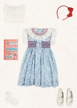 Pepa London Charlotte Floral Hand Smocked Sleeveless Dress in Blue (12mths-10yrs) | Openwork Cotton Cardigan in Cream (6mths-10yrs) | Girls Ivory Leather Mary Jane Shoes (20-34EU) | Plain Linen Hairband in Red | Openwork short socks White (0mths-8yrs)