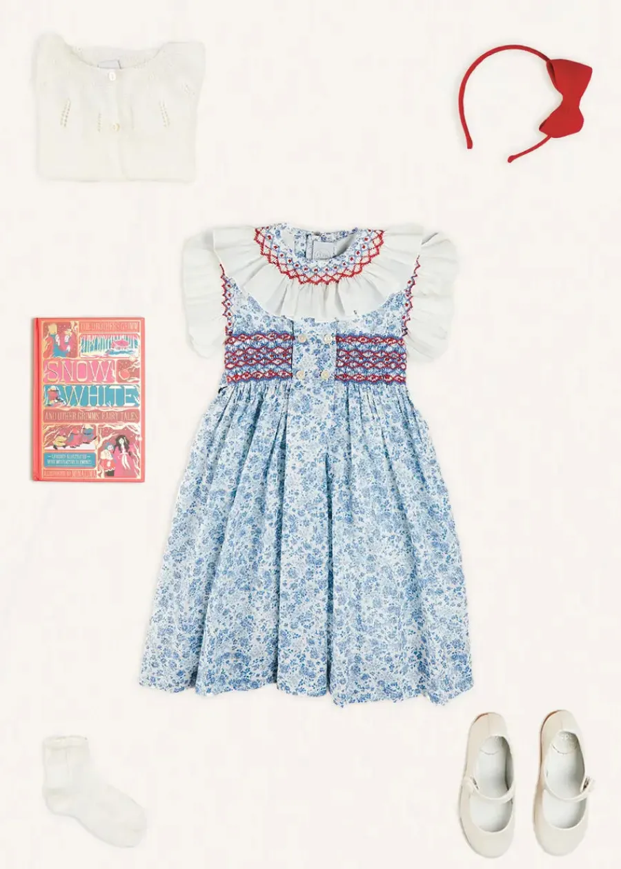 Pepa London Charlotte Floral Hand Smocked Sleeveless Dress in Blue (12mths-10yrs) | Openwork Cotton Cardigan in Cream (6mths-10yrs) | Girls Ivory Leather Mary Jane Shoes (20-34EU) | Plain Linen Hairband in Red | Openwork short socks White (0mths-8yrs)