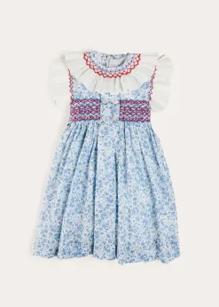 Pepa London Charlotte Floral Hand Smocked Sleeveless Dress in Blue (12mths-10yrs)