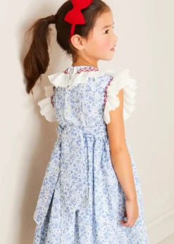 Pepa London Charlotte Floral Hand Smocked Sleeveless Dress in Blue (12mths-10yrs) | Openwork Cotton Cardigan in Cream (6mths-10yrs) | Girls Ivory Leather Mary Jane Shoes (20-34EU) | Plain Linen Hairband in Red | Openwork short socks White (0mths-8yrs)