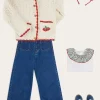Pepa London Cherry Motif Crochet Cardigan in Beige (2-10yrs) | Soft Denim Wide Leg Trousers in Denim Blue (3-10yrs) | Evelyn Floral Ruffle Collar Top in Red (2-10yrs) | Plain Linen Hairband in Red | Openwork short socks White (0mths-8yrs)